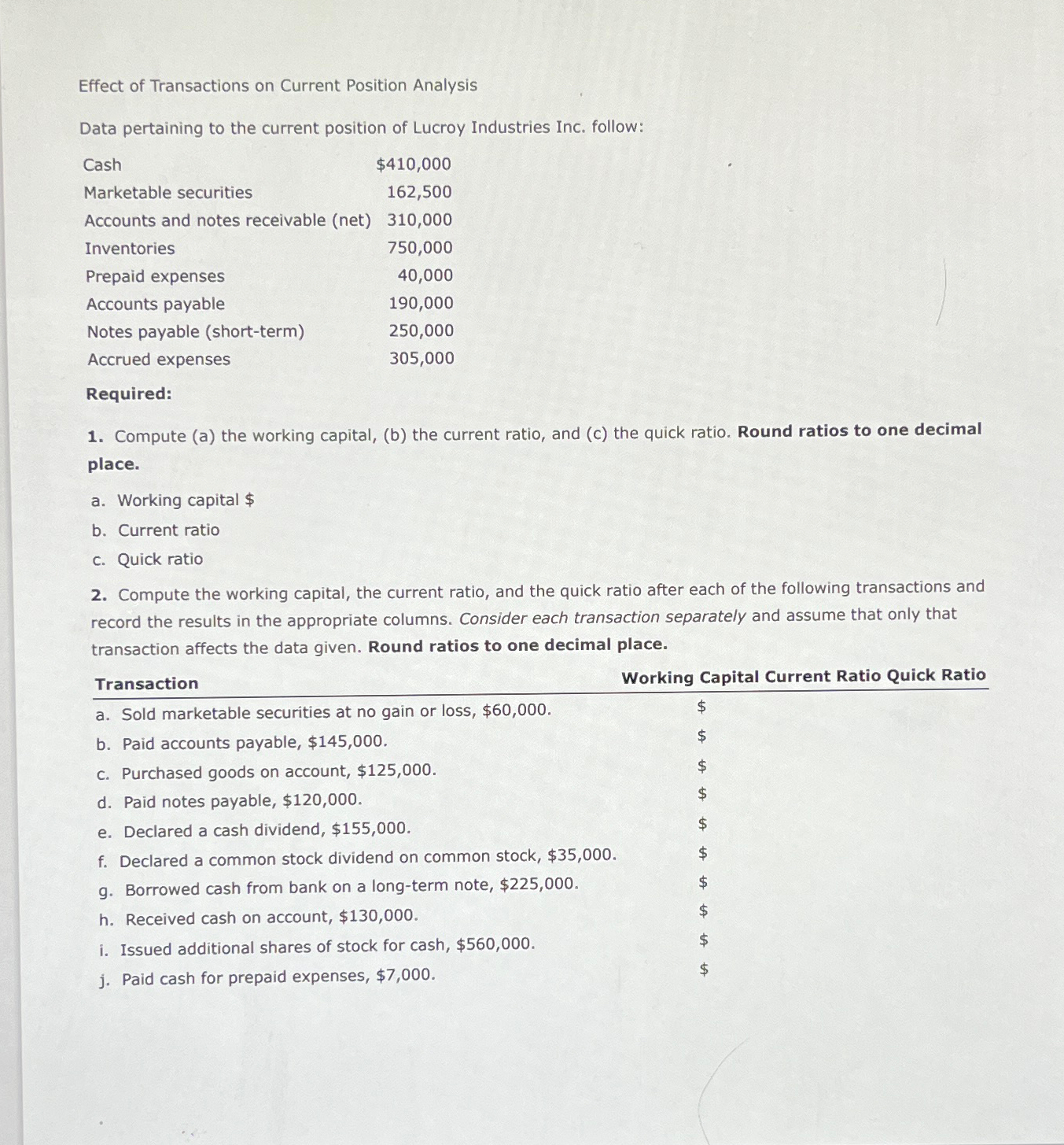  Effect of Transactions on Current Position Analysis Data pertaining to the