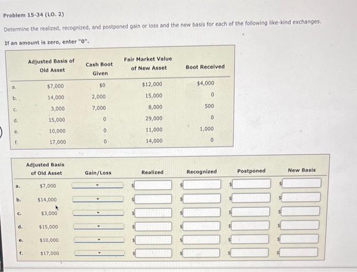 Problem 1534( LO. 2) Determine the realized, recognized, and postponed gain