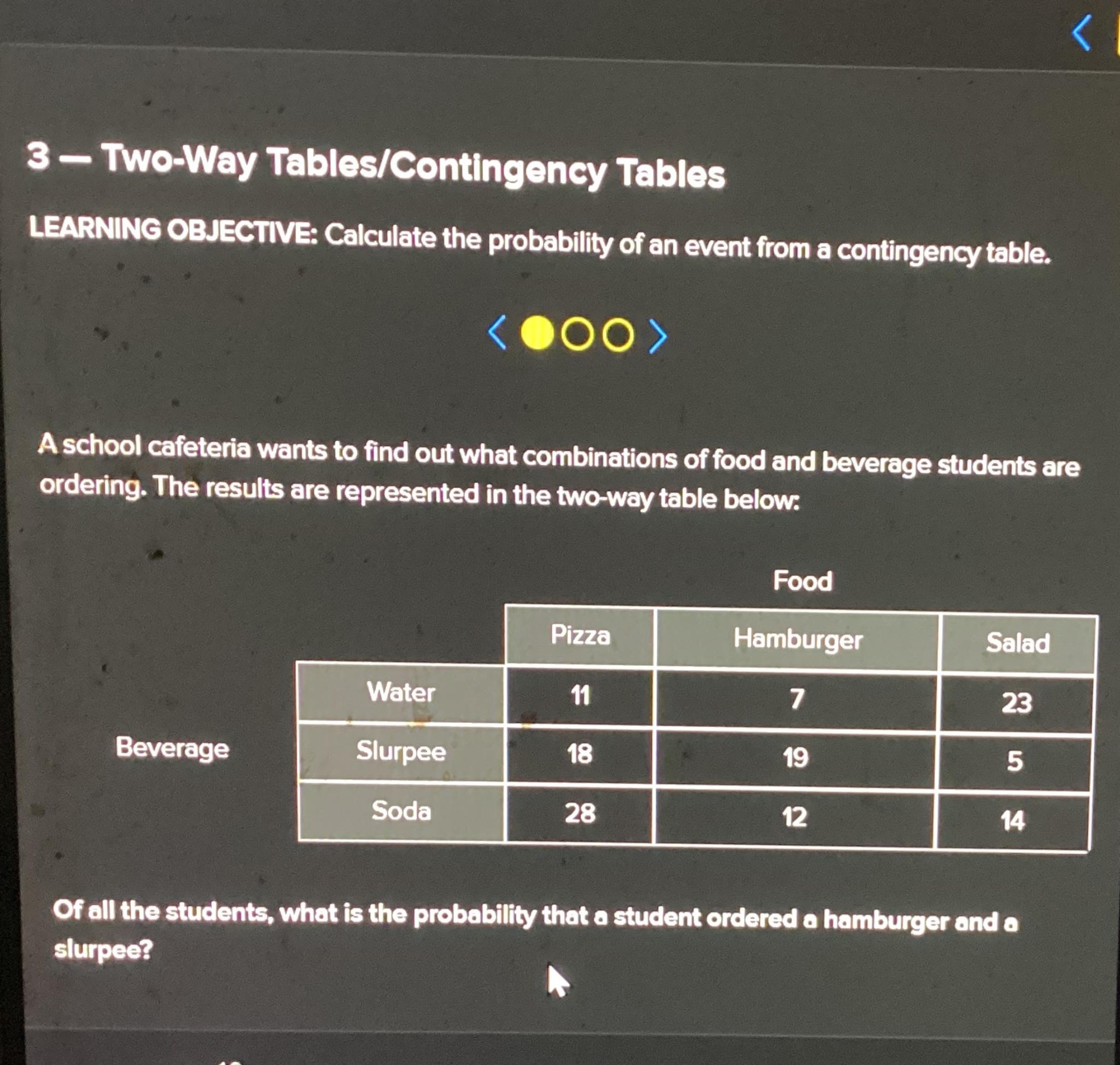  3- Two-Way Tables/Contingency Tables LEARNING OBJECTIVE: Calculate the probability of an