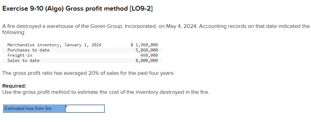  Exercise 9-10 (Algo) Gross profit method [LO9-2] A fire destroyed a