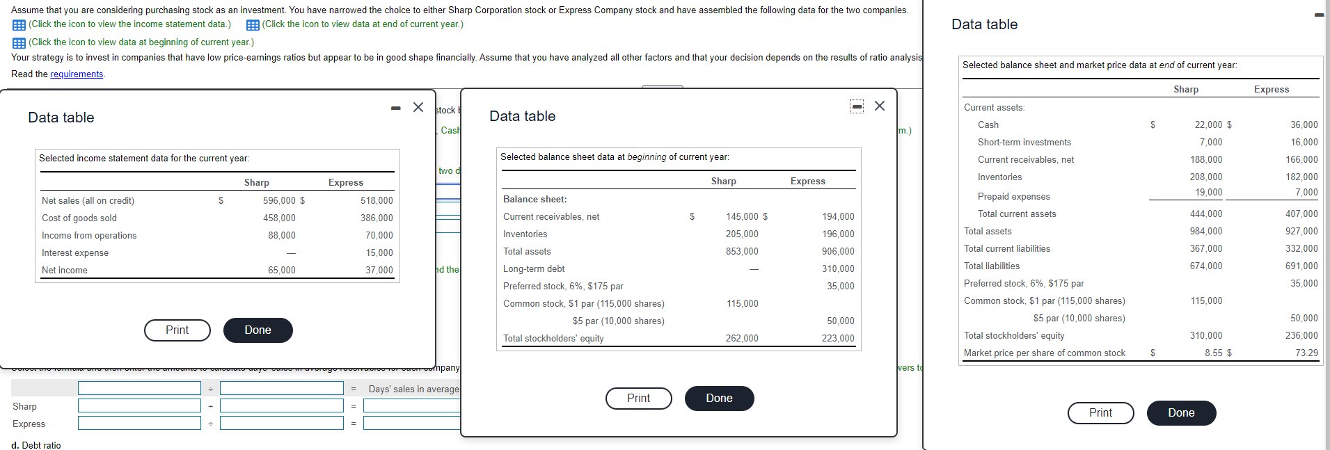 Data table Assume that you are considering purchasing stock as an