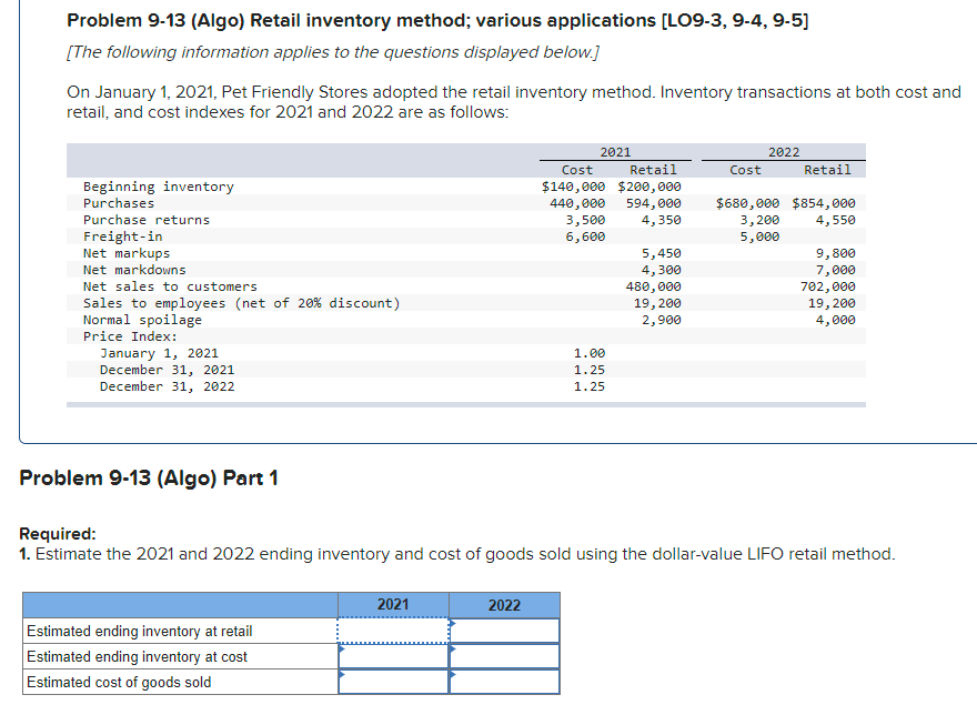  Problem 9-13 (Algo) Retail inventory method; various applications (L09-3, 9-4, 9-5)