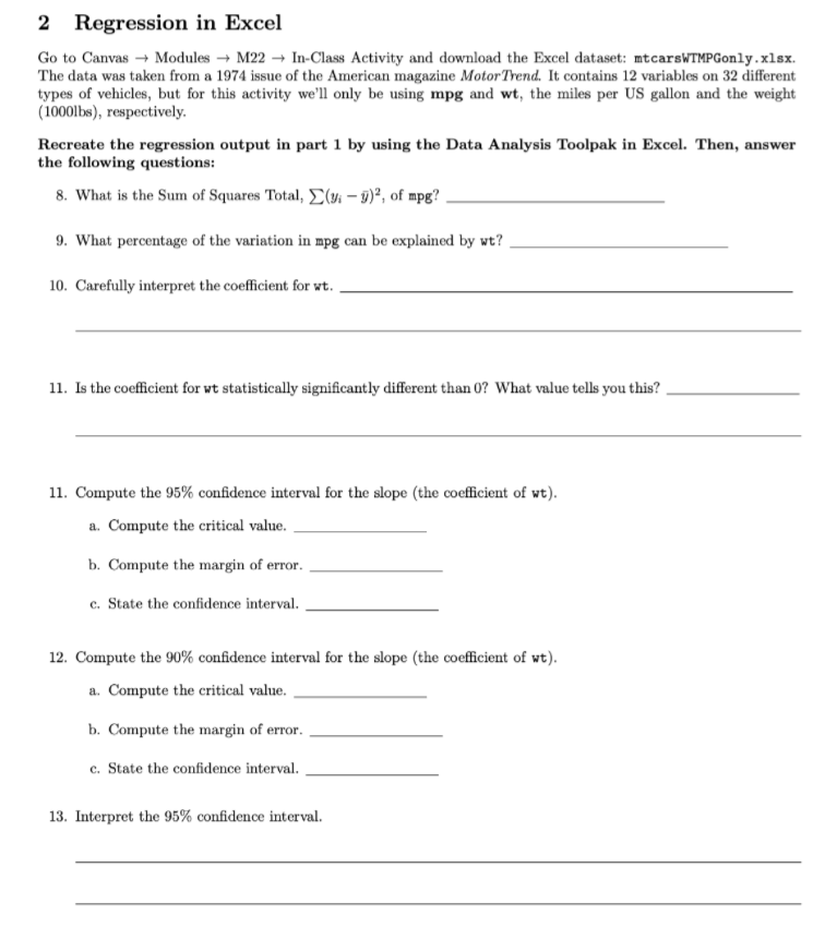  2 Regression in Excel Go to Canvas Modules M22 In-Class Activity