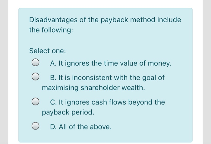  Disadvantages of the payback method include the following: Select one: A.