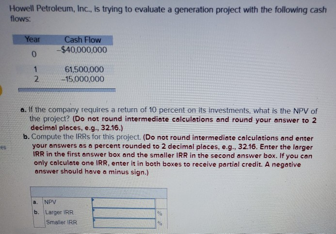  Howell Petroleum, Inc., is trying to evaluate a generation project with