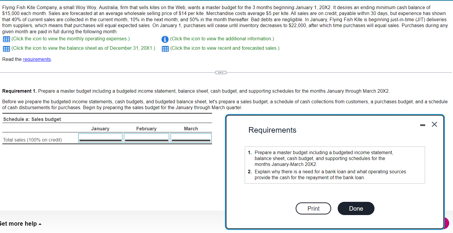  Read the requirements. Requirement 1. Prepare a master budget including a