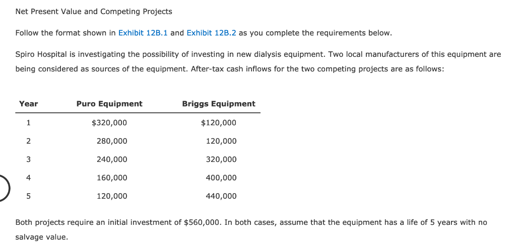 Net Present Value and Competing Projects Follow the format shown in