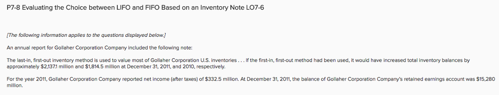 P7-8 Evaluating the Choice between LIFO and FIFO Based on an