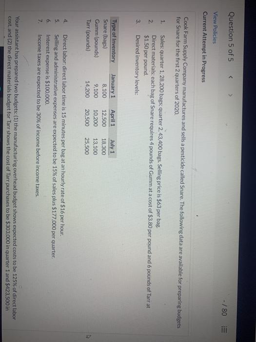 help please Question 5 of 5 -/ 80 E View Policies Current