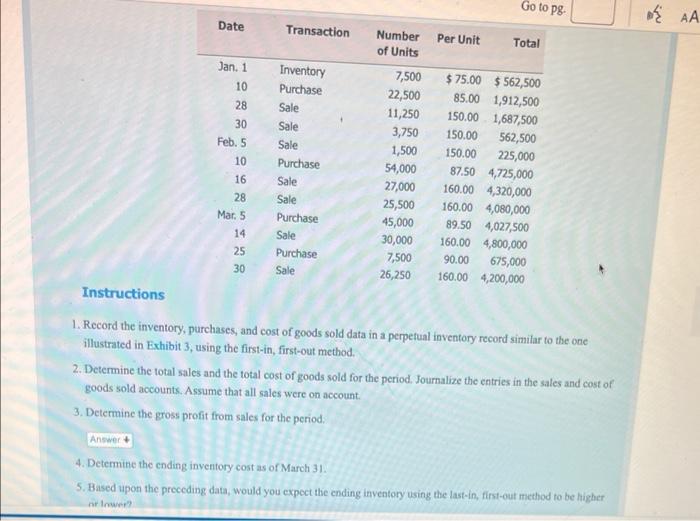 Solve using FIFO method Go to P8 AA Date Transaction Number Per