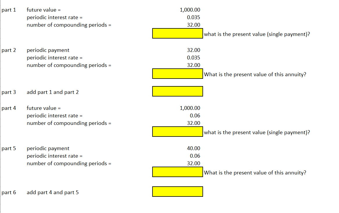  part 1 future value = periodic interest rate = number of