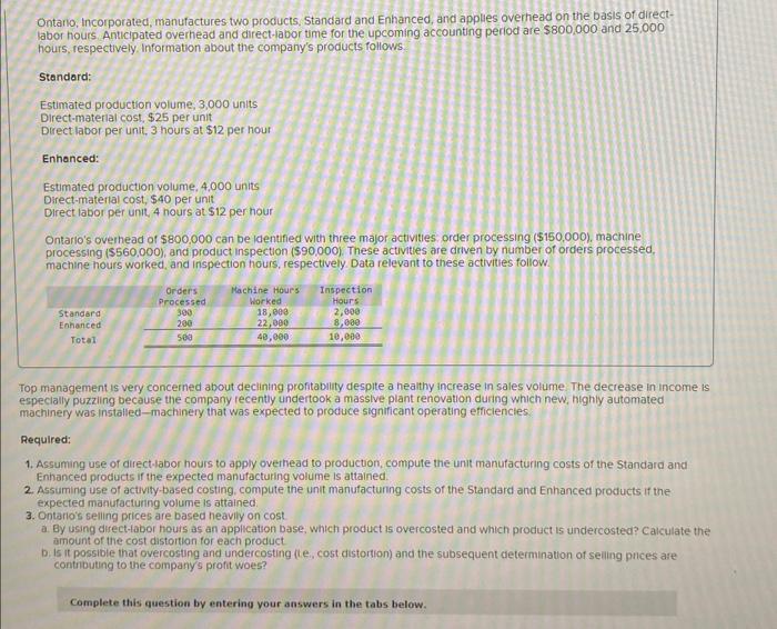  Direct-materlai cost, $40 per unit Direct labor per unit, 4 hours