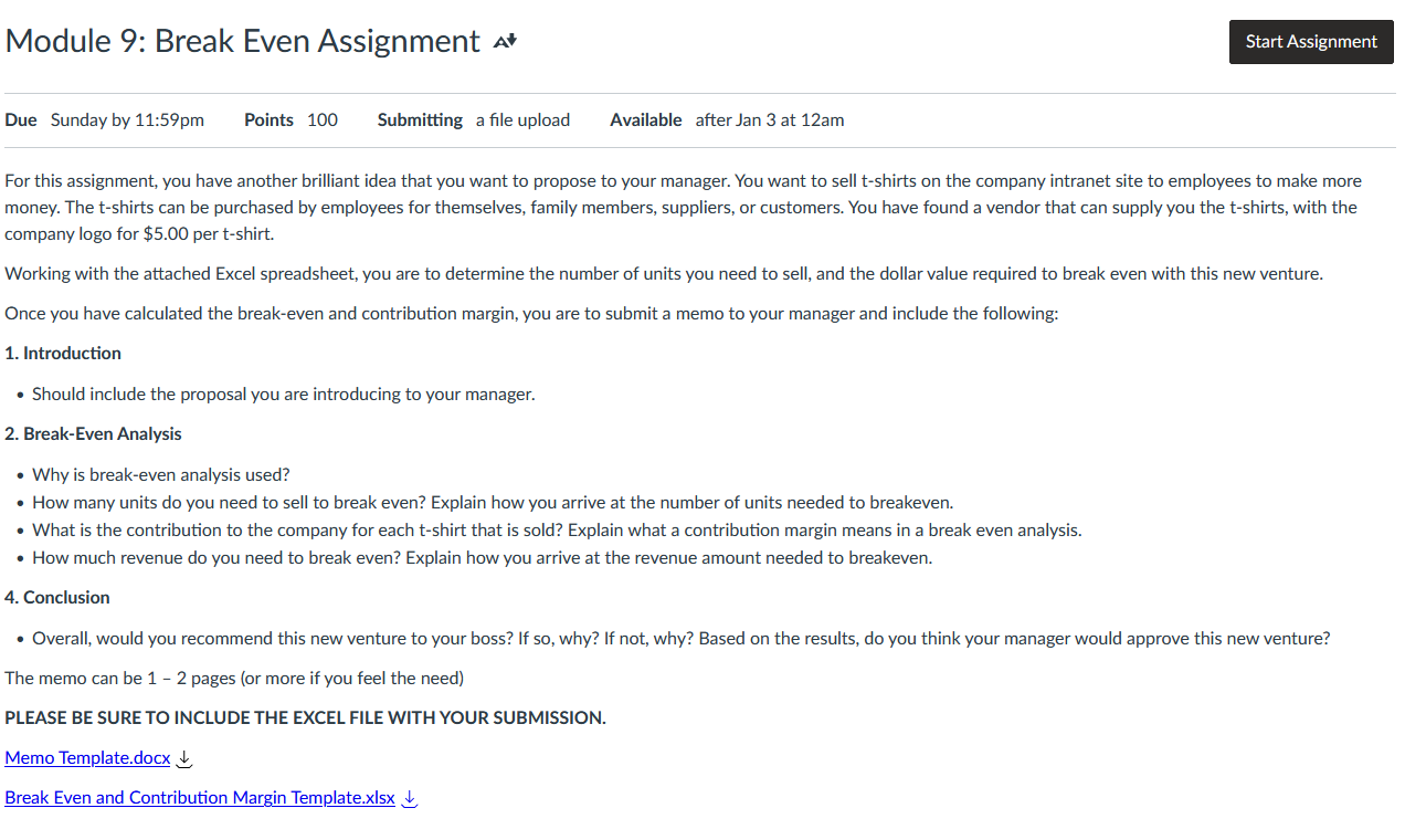  Module 9: Break Even Assignment Start Assignment Due Sunday by 11:59pm