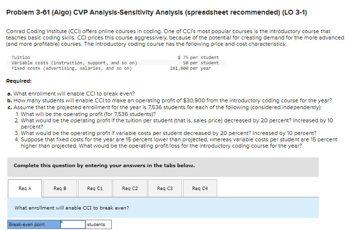  Problem 3-61(Algo) CVP Analysis-Sensitlvity Analysls (spreadsheet recommended)(LO 3-1) Conrad Coding Institute