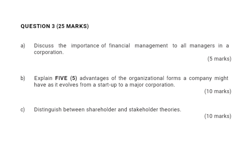  QUESTION 3(25 MARKS) a) Discuss the importance of financial management to