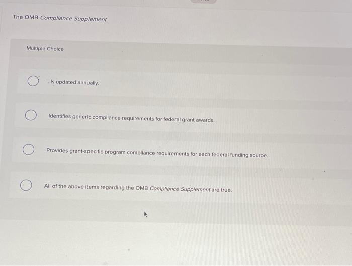 please help asap The OMB Compliance Supplement: Multiple Choice Is updated annually.