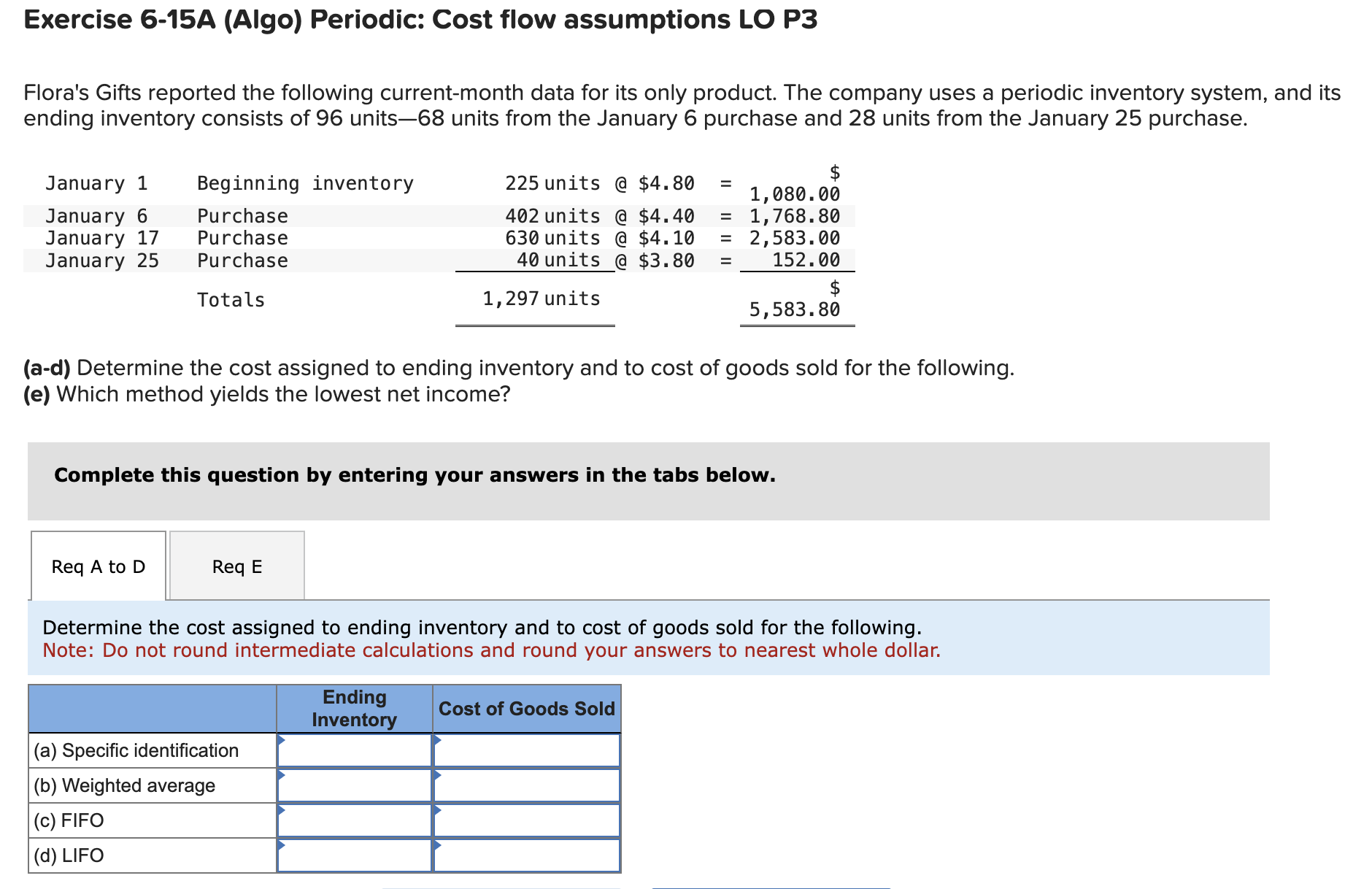  Exercise 6-15A (Algo) Periodic: Cost flow assumptions LO P3 Flora's Gifts