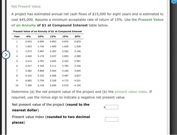  Net Present Value A project has estimated annual net cash flows