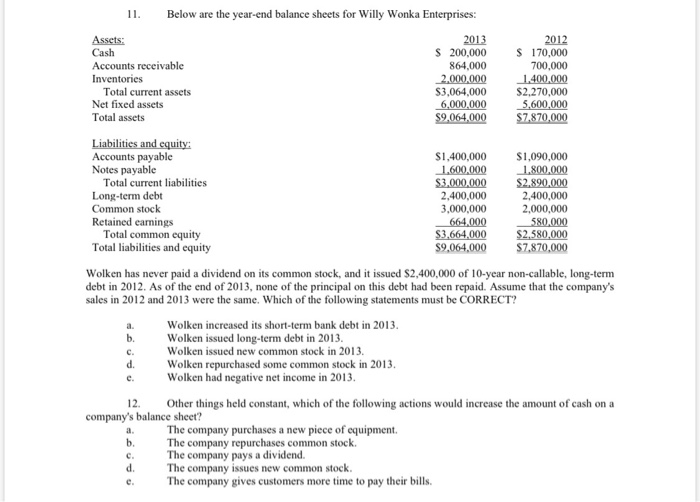 11 & 12 multiple choice 11. Below are the year-end balance sheets