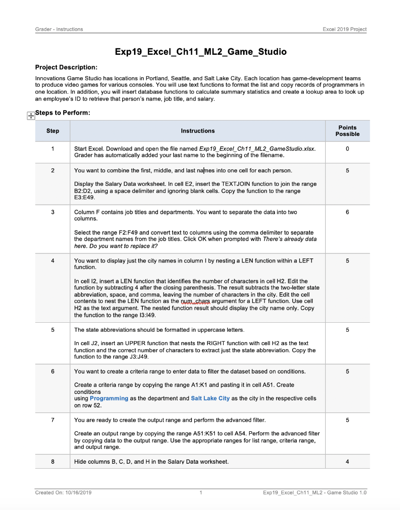 Grader - Instructions Excel 2019 Project Exp19_Excel_Ch11_ML2_Game_Studio Project Description: Innovations Game