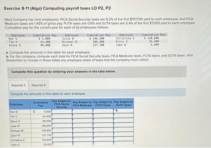  Exercise 9-11 (Algo) Computing payroll taxes LO P2, P3 Mest Company