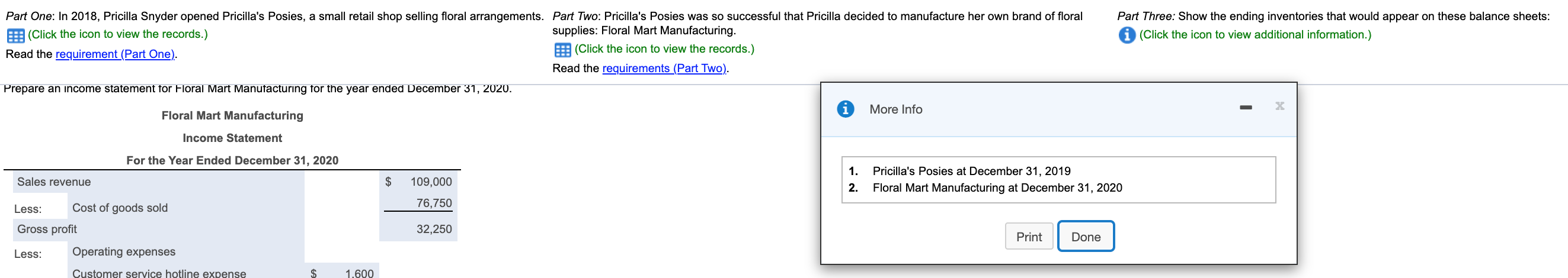 the year ended December 31, 2019. Pricilla's Posies Income Statement For the