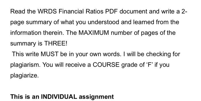  Read the WRDS Financial Ratios PDF document and write a 2page