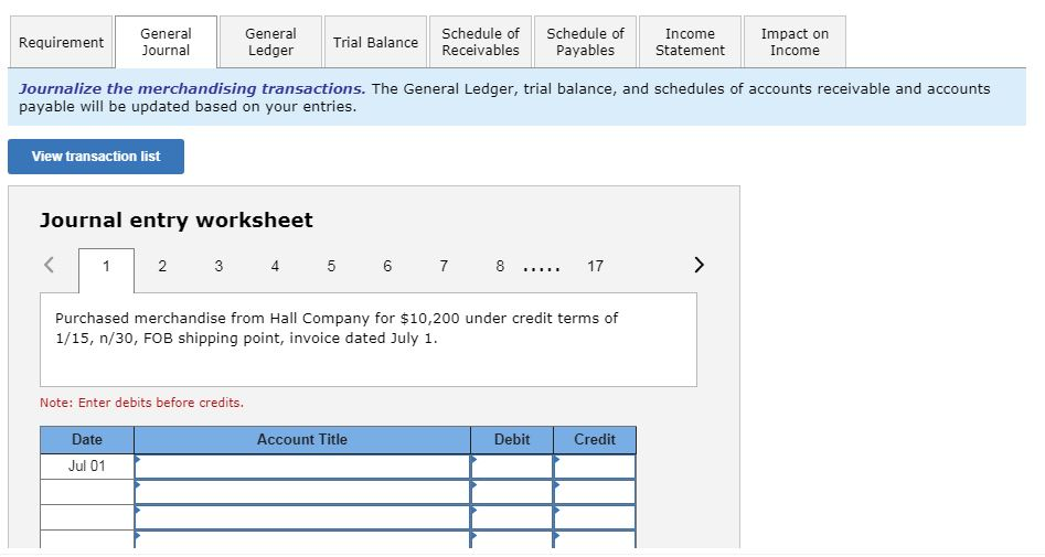 Schedule of Payables Income Statement Impact on Income General Journal tab -