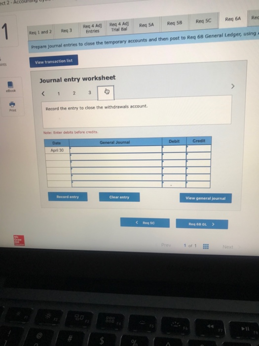 an unadjusted trial balance as of April 30. 4. Journalize and post
