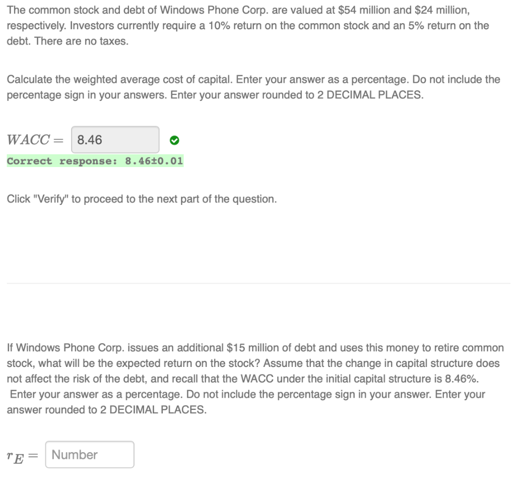 (Answer expected return on the stock please) The common stock and debt