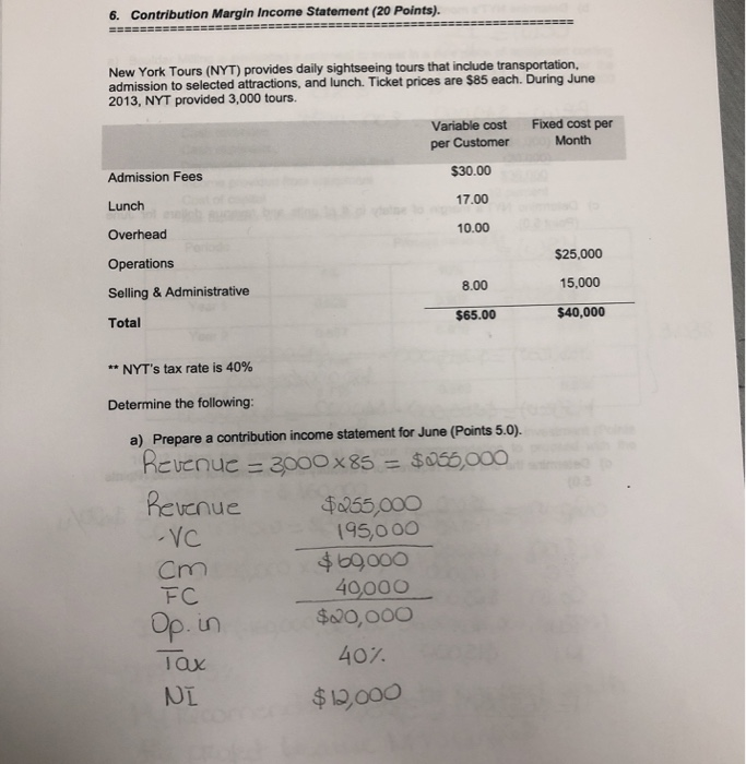 Only c 6. Contribution Margin Income Statement (20 Points). New York