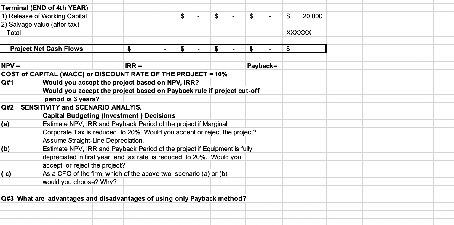 Spreadsheet (b) Compute Net Project Cash flows, NPV, IRR and PayBack Period