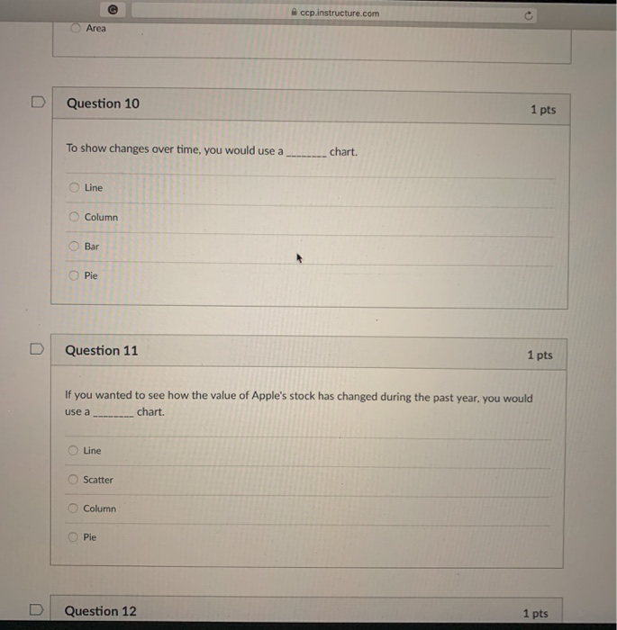  ccp.instructure.com Area DQuestion 10 1 pts To show changes over time,