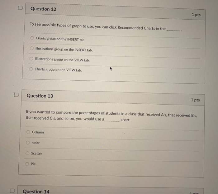 you would use a..chart. O Line O Column Bar O Pie D
