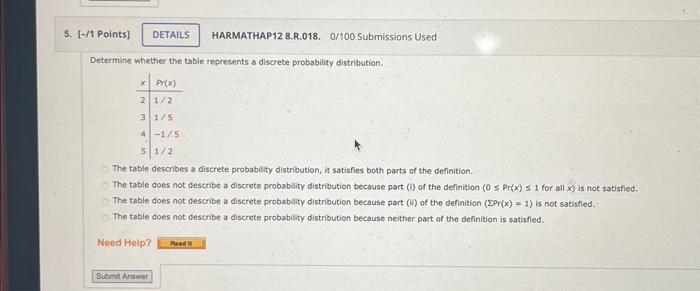  Determine whether the table represents a discrete probability distribution. \begin{tabular}{l|l} x