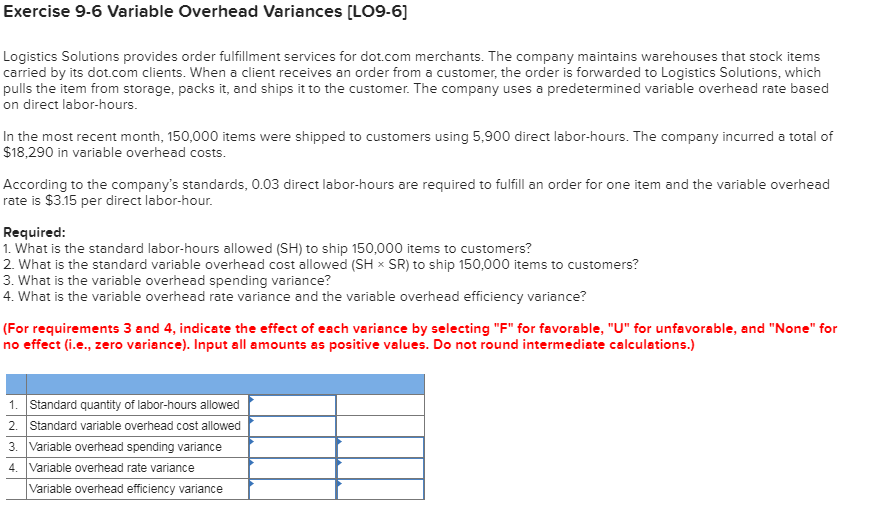  Exercise 9-6 Variable Overhead Variances [LO9-6] Logistics Solutions provides order fulfillment