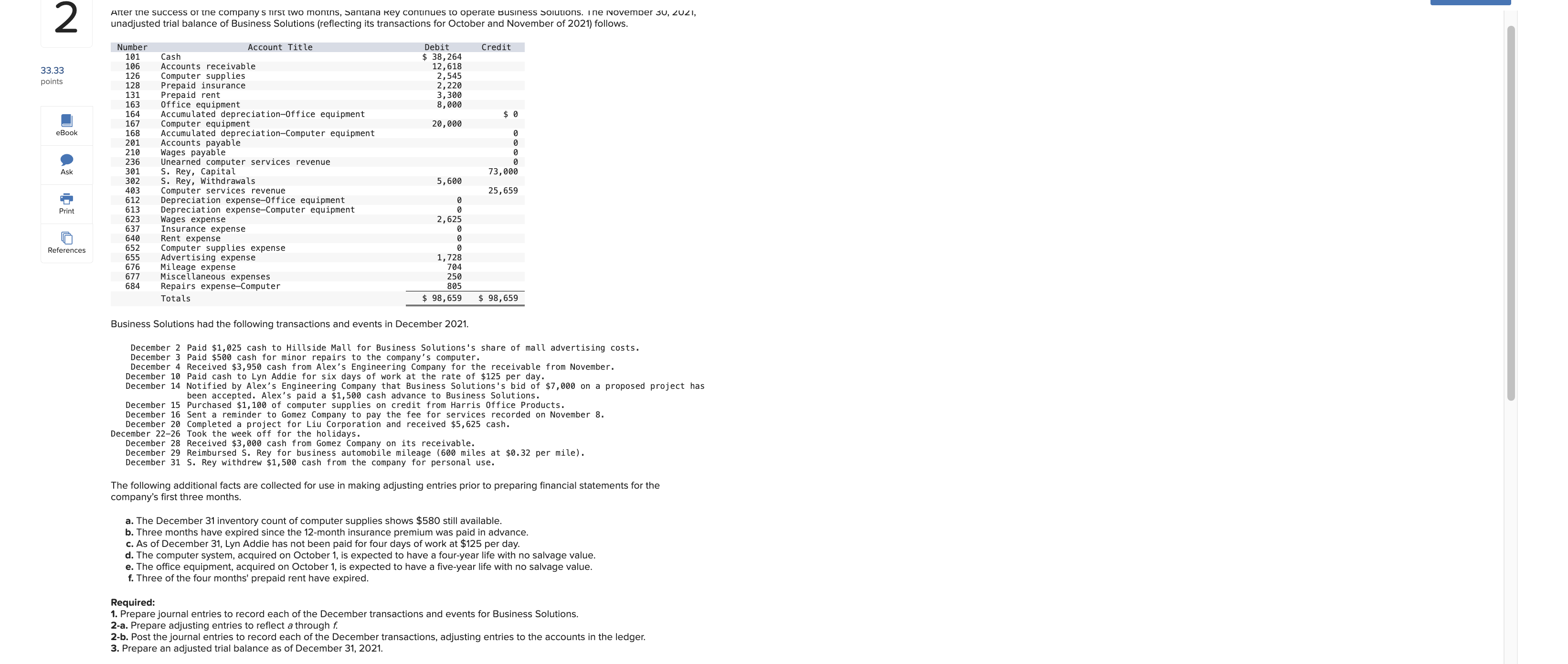  Required: 2-a. Prepare adjusting entries to reflect a through f. 2-b.