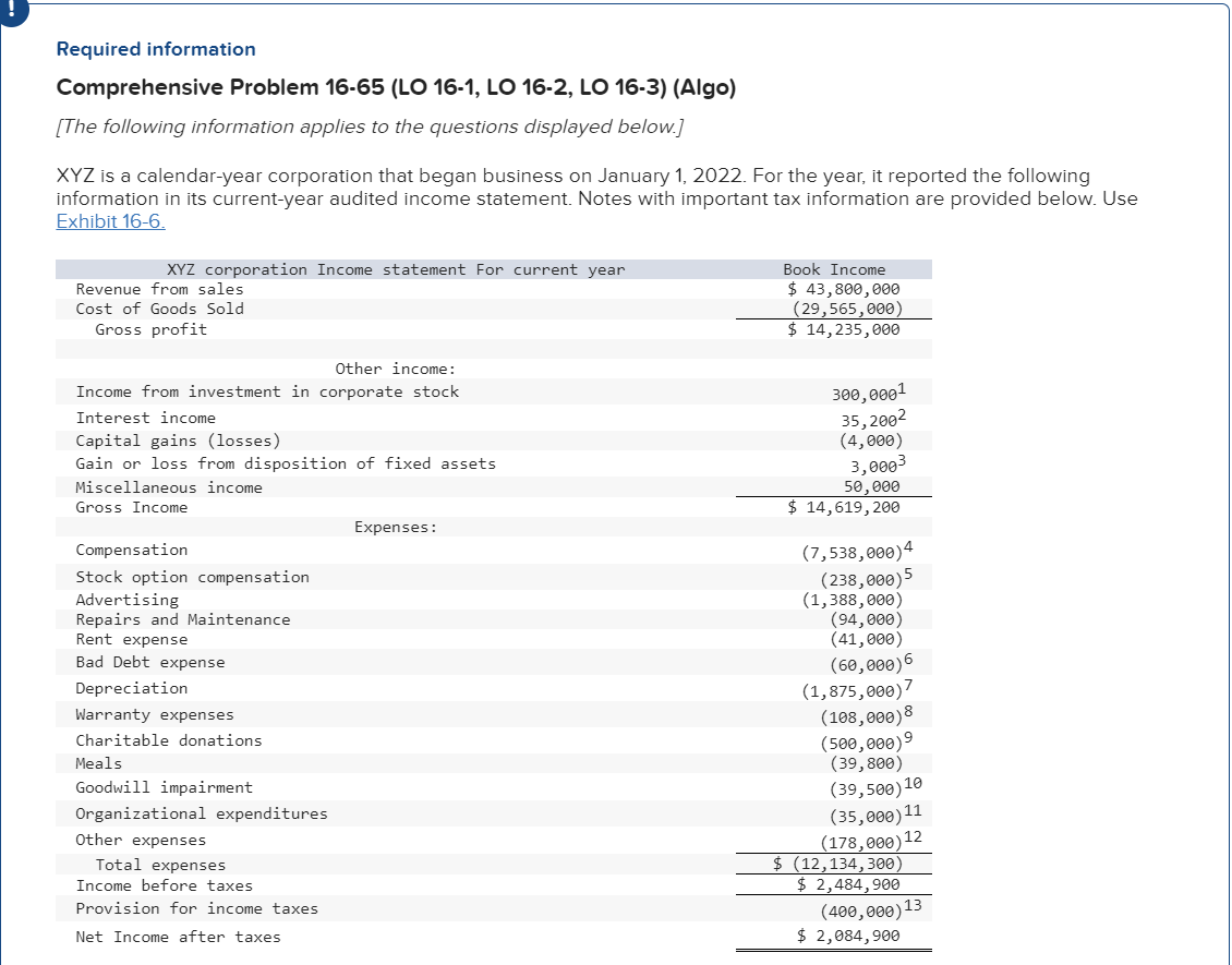 working notes: Comprehensive Problem 16-65 Part a (Algo) a. Compute XYZ's taxable