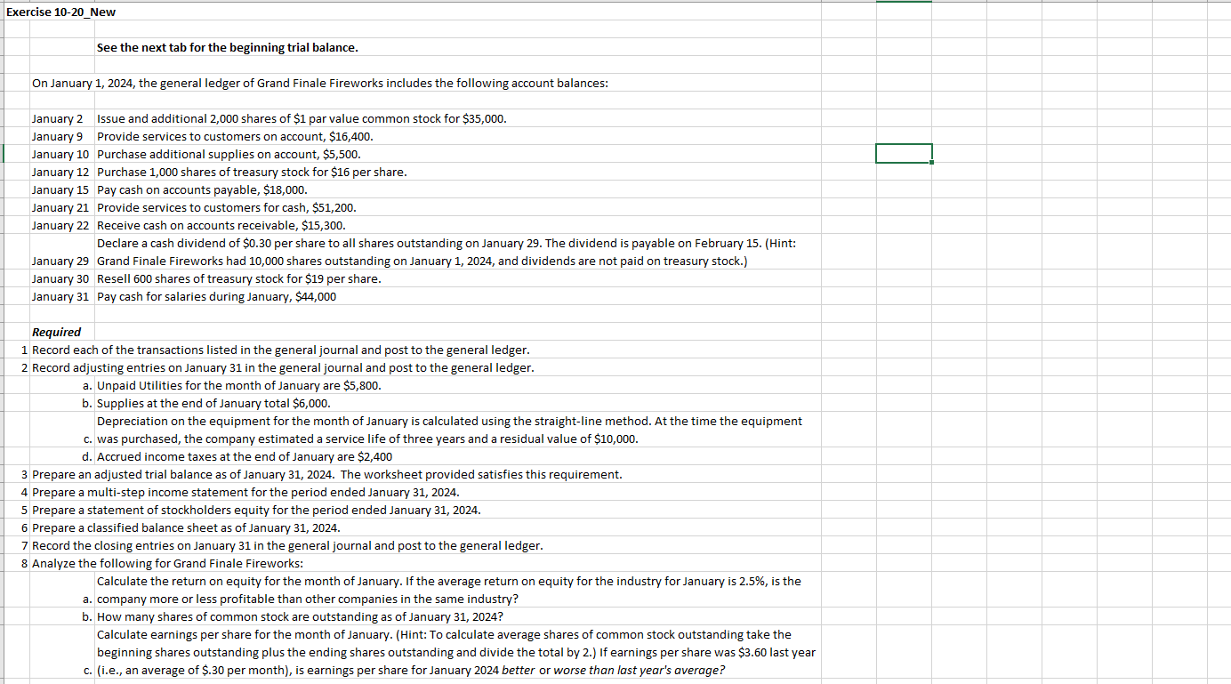 Exercise 10-20 New See the next tab for the beginning trial