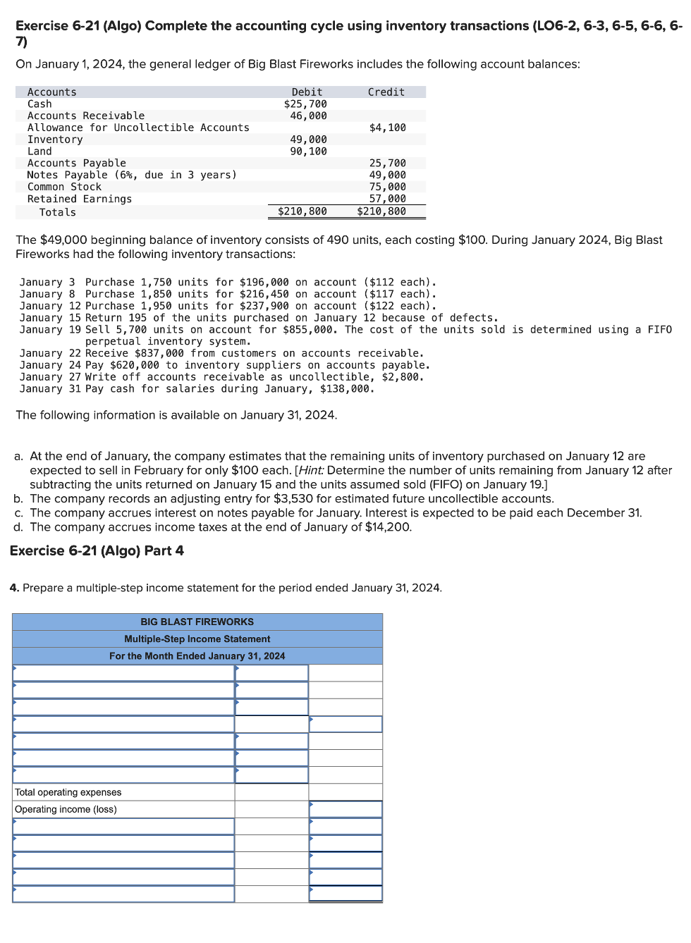  Exercise 6-21(Algo) Complete the accounting cycle using inventory transactions (LO6-2,6-3,6-5,6-6,6- On
