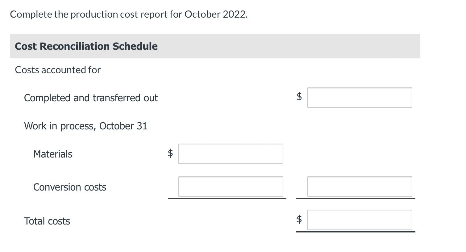 the month of October has just been completed. A partially completed production
