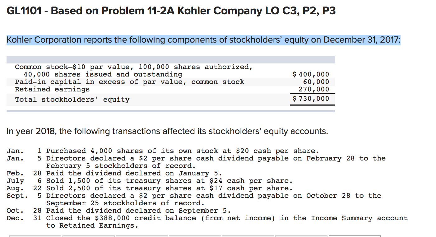  GL1101 - Based on Problem 11-2A Kohler Company LO C3, P2,