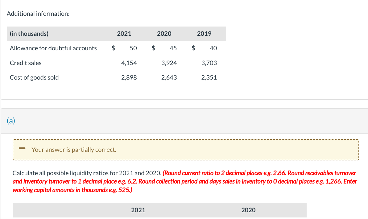 Additional information: Additional information: (a) Calculate all possible liquidity ratios for 2021