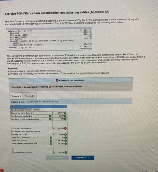  Exercise 7-34 (Static) Bank reconciliation and adjusting entries (Appendix 7A) Harrison