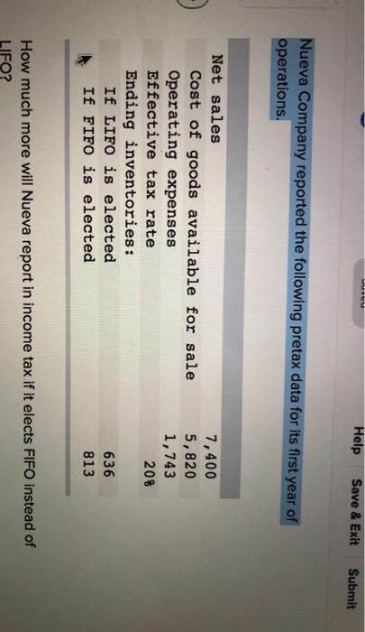  Help Save & Exit Submit Nueva Company reported the following pretax