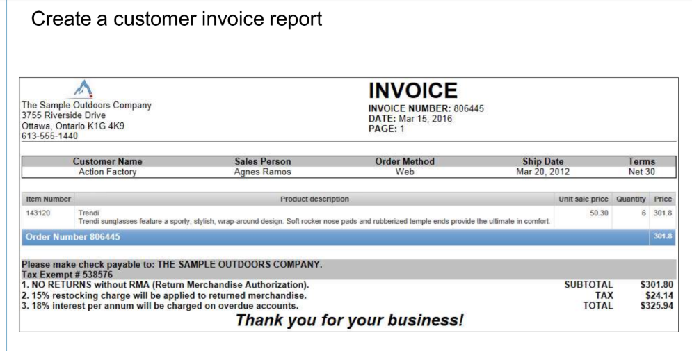  Create a customer invoice report INVOICE The Sample Outdoors Company 3755
