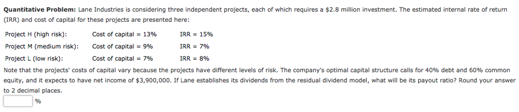  Quantitative Problem: Lane Industries is considering three independent projects, each of
