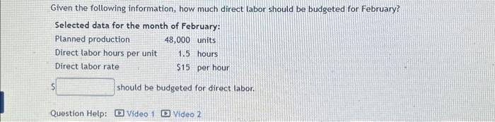 Given the following information, how much direct I.bor should be budgeted f"