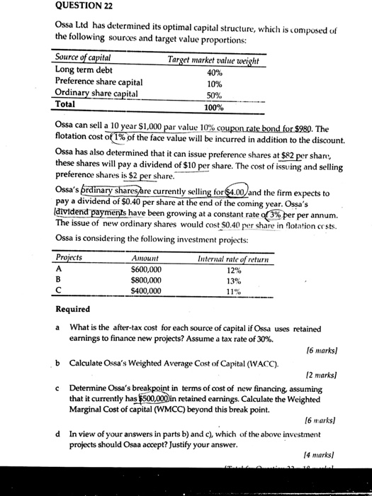  QUESTION 22 Ossa Ltd has determined its optimal capital structure, which