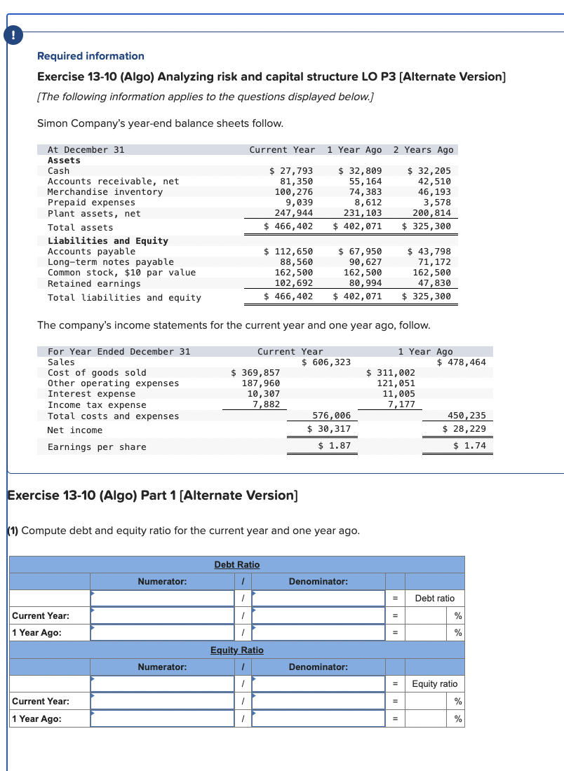  Required information Exercise 13-10(Algo) Analyzing risk and capital structure LO P3[Alternate